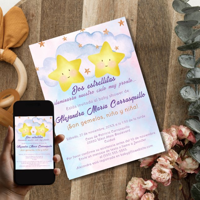Spanish Little Stars Pink Blue Twins Baby Shower Invitation (Creator Uploaded)