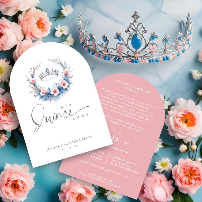 Spanish Lovely Blue Pink Floral Quinceañera Tiara Invitation (Spanish Romantic Blue & Pink Floral Quinceañera Invitations Cards with Tiara Design.)