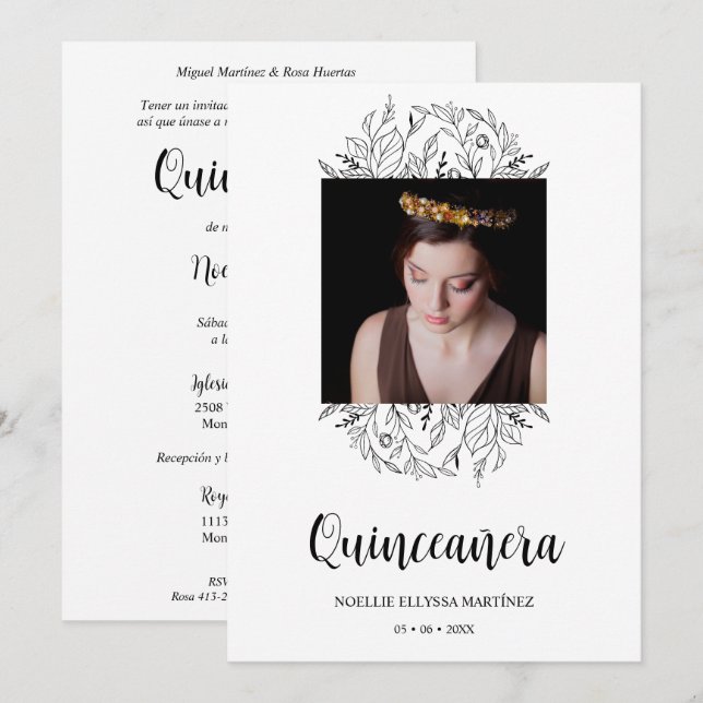 Spanish Luxury Wildflowers Frame Quinceañera Photo Invitation (Front/Back)