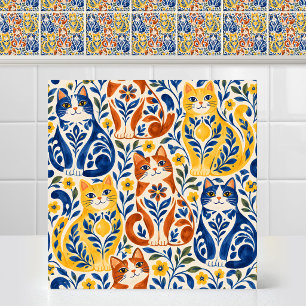 Spanish Majolica Folk Art Bold Cat Pottery Pattern Tile