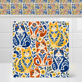 Spanish Majolica Folk Art Bold Cat Pottery Pattern Tile