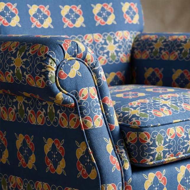 Spanish Mediterranean Blue Pattern Red Folk Art Fabric (Creator Uploaded)