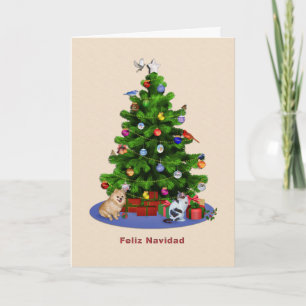 Spanish, Merry Christmas Tree, Birds, Cat, Dog Holiday Card