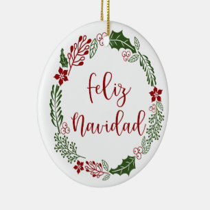 Spanish Merry Christmas Wreath, Feliz Navidad Ceramic Tree Decoration