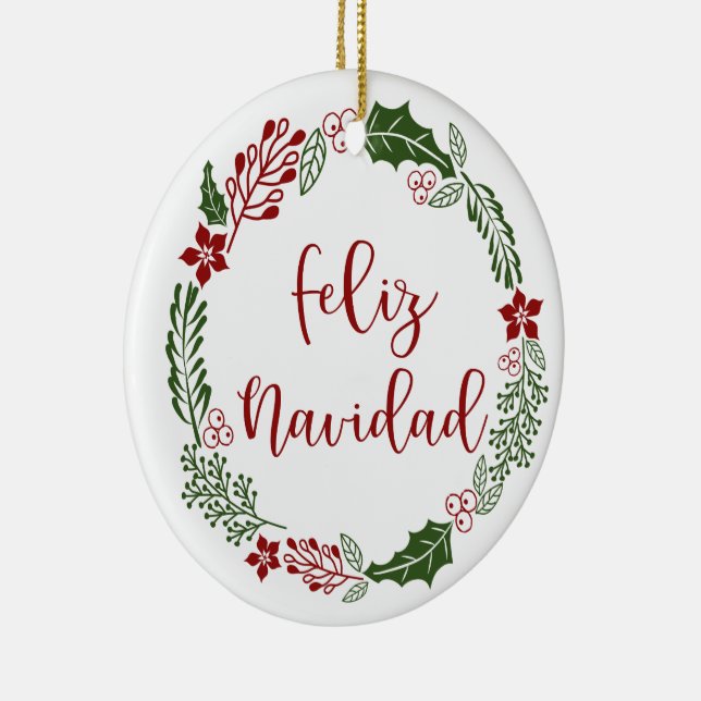 Spanish Merry Christmas Wreath, Feliz Navidad Ceramic Tree Decoration (Right)