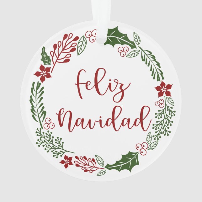 Spanish Merry Christmas Wreath, Feliz Navidad Ornament (Back)