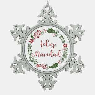 Spanish Merry Christmas Wreath, Feliz Navidad Snowflake Pewter Christmas Ornament