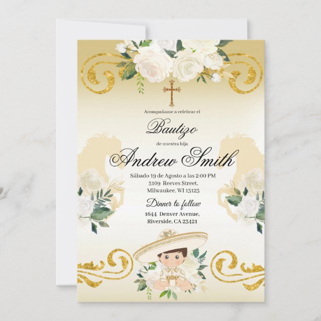 Spanish Mexican Baptism Charro Gold Invitation (Front)