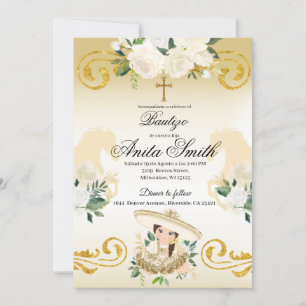 Spanish Mexican Baptism Gold Girl Charra Invitation