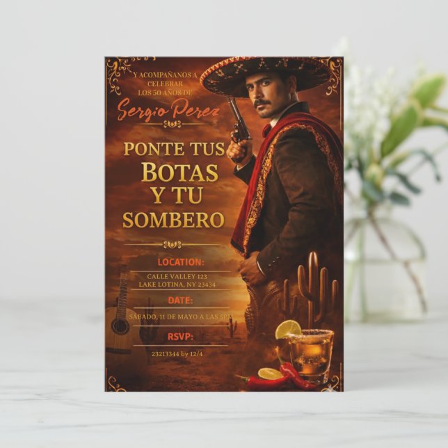 Spanish Mexican Cowboy Adult Man Birthday Party Invitation (Standing Front)