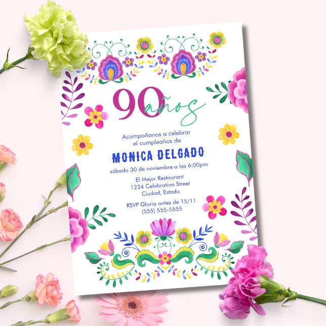 Spanish Mexican Fiesta Floral 90th Birthday Party Invitation (Creator Uploaded)