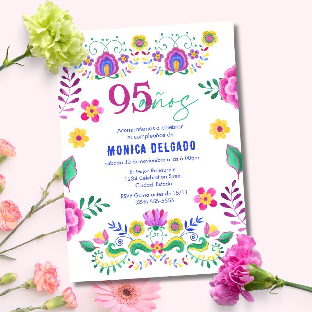 Spanish Mexican Fiesta Floral 95th Birthday Party Invitation (Creator Uploaded)