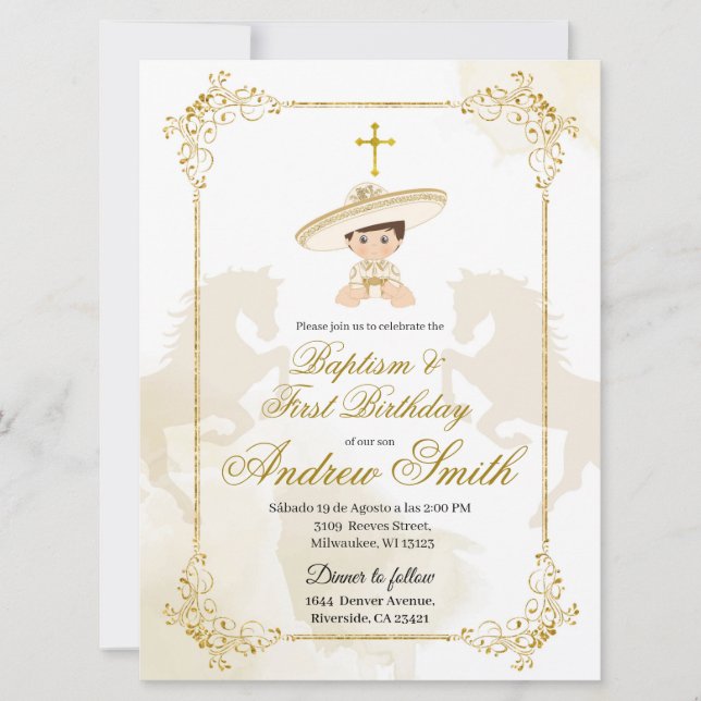 Spanish Mexican Gold Charro Baptism & Birthday Invitation (Front)