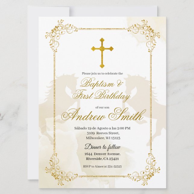 Spanish Mexican Gold Cross Baptism & Birthday Invitation (Front)