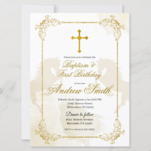 Spanish Mexican Gold Cross Baptism & Birthday Invitation