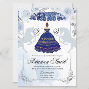 Spanish Mexican Mis Quince Navy Blue Silver Invitation