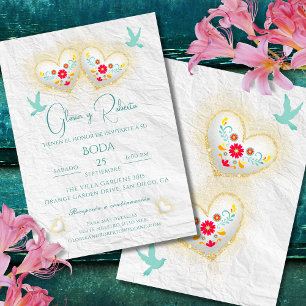 Spanish, Mexican Pastel Hearts Flowers Doves  Invitation