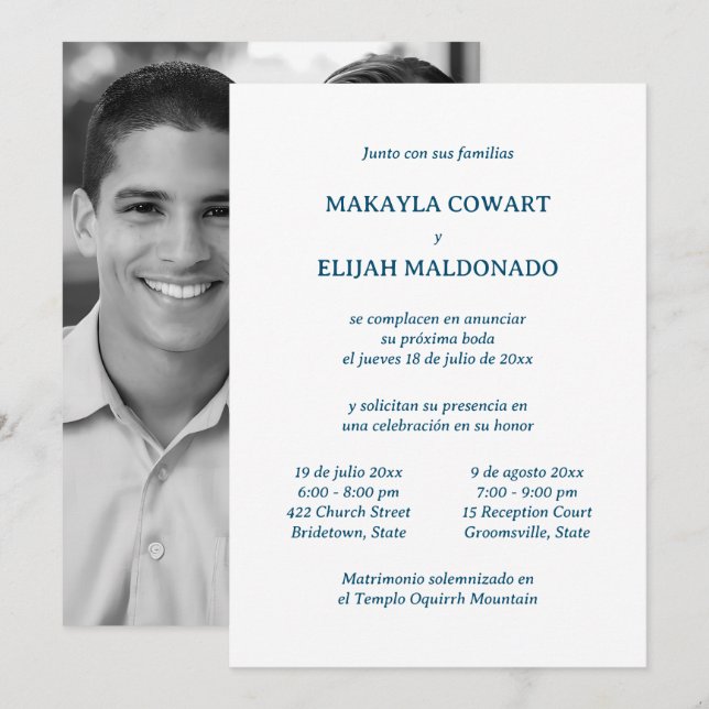 Spanish Minimalist Blue & White Two Reception Invitation (Front/Back)