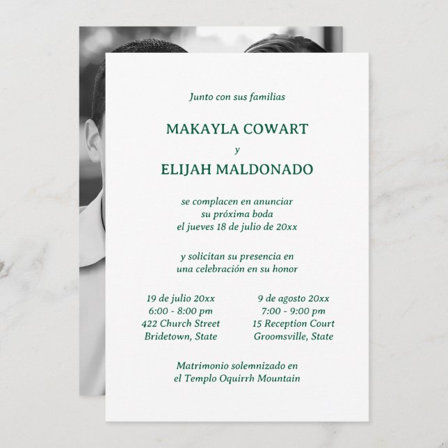 Spanish Minimalist Green & White Two Reception Invitation (Front/Back)