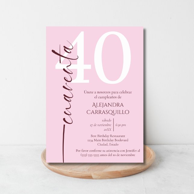 Spanish Minimalist Pink Burgundy 40th Birthday  Invitation (Creator Uploaded)