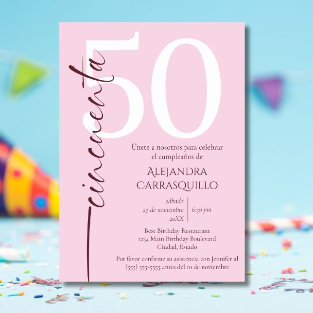 Spanish Minimalist Pink Feminine 50th Birthday  Invitation (Creator Uploaded)