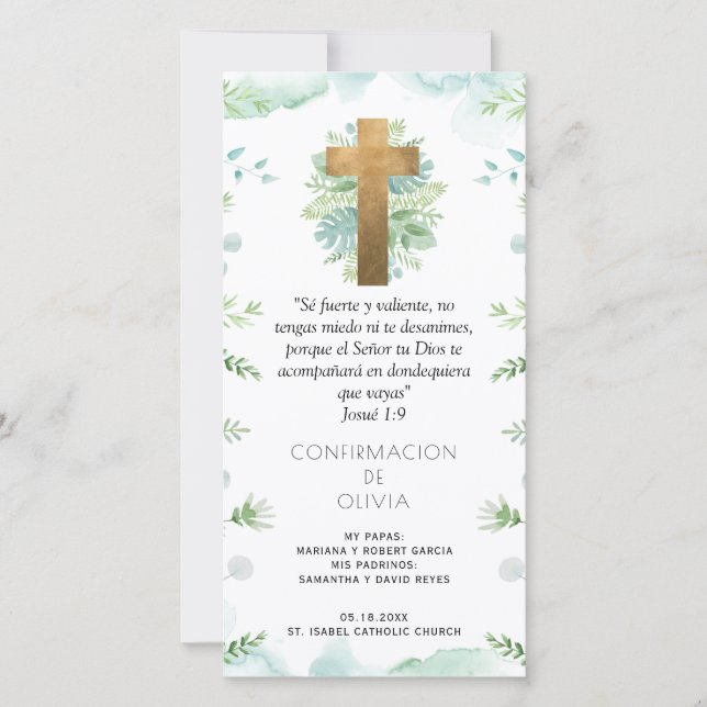 Spanish, Mint Greenery Confirmation Bookmark Favou Thank You Card (Front)