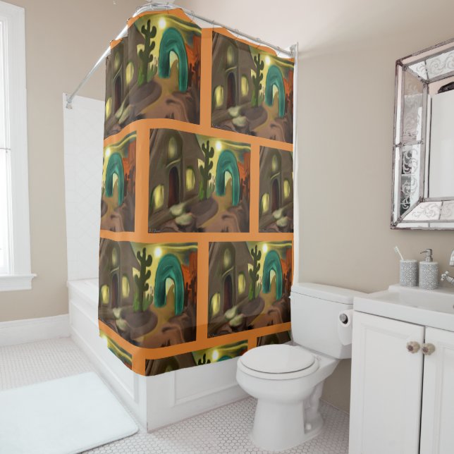 Spanish Mission Southwestern Abstract Art Shower Curtain (In Situ)