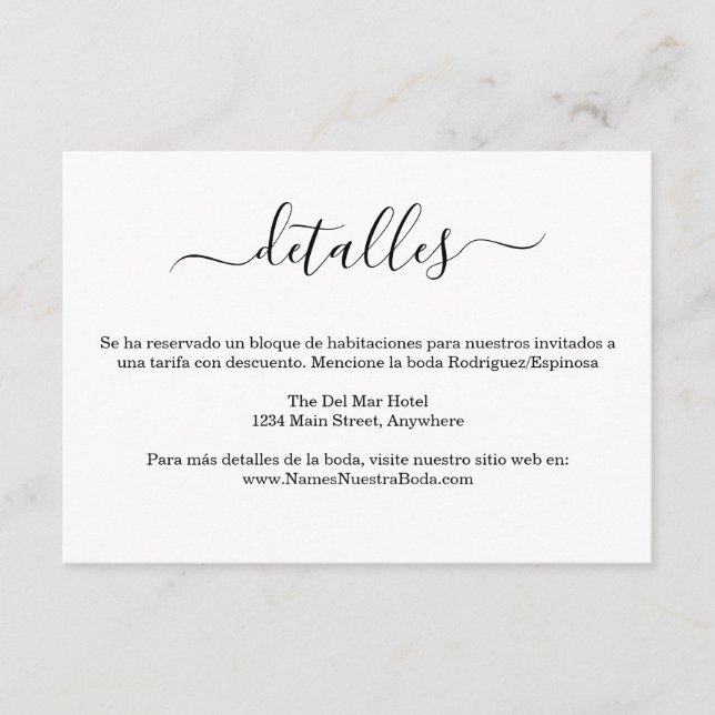 Spanish Modern Bianco Y Negro Boda Detalles Enclosure Card (Front)