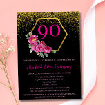 Spanish Modern Black Gold & Pink 90th Birthday Invitation<br><div class="desc">Celebra el 90º cumpleaños de una mujer excepcional con esta elegante invitación de cumpleaños en español para el 90º cumpleaños en negro, dorado y rosa. Esta invitación presenta un sofisticado fondo negro adornado con un hermoso marco dorado en la parte superior, que irradia elegancia y distinción. En el centro, un...</div>