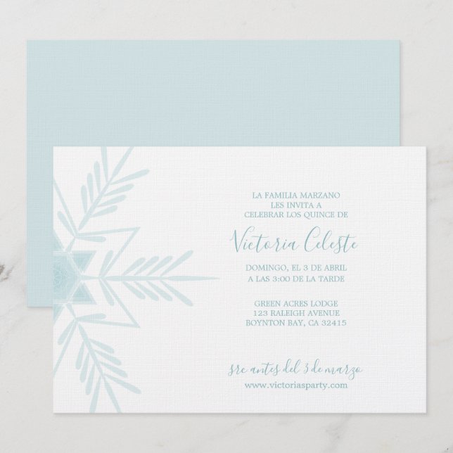 SPANISH modern blue WINTER WONDERLAND quinceañera Invitation (Front/Back)