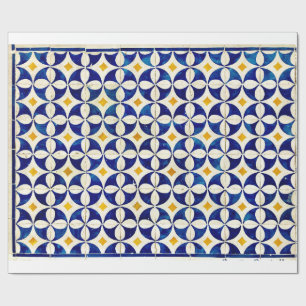 Spanish Moroccan Tile Navy Blue Yellow White Wrapping Paper