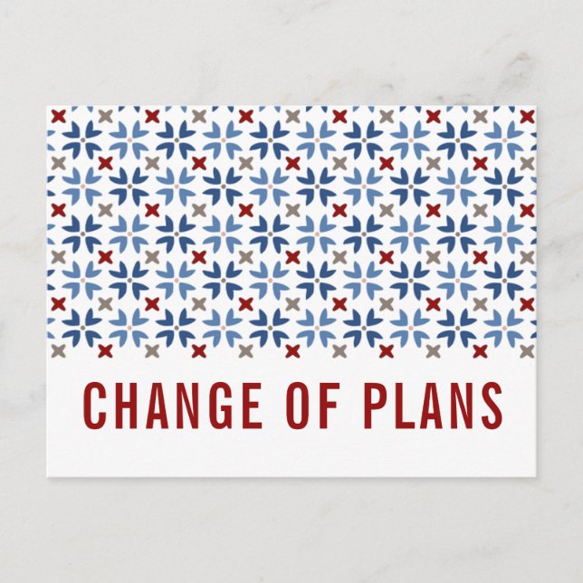Spanish Navy and Red Tile Change of Plans WEDDING Announcement Postcard (Front)