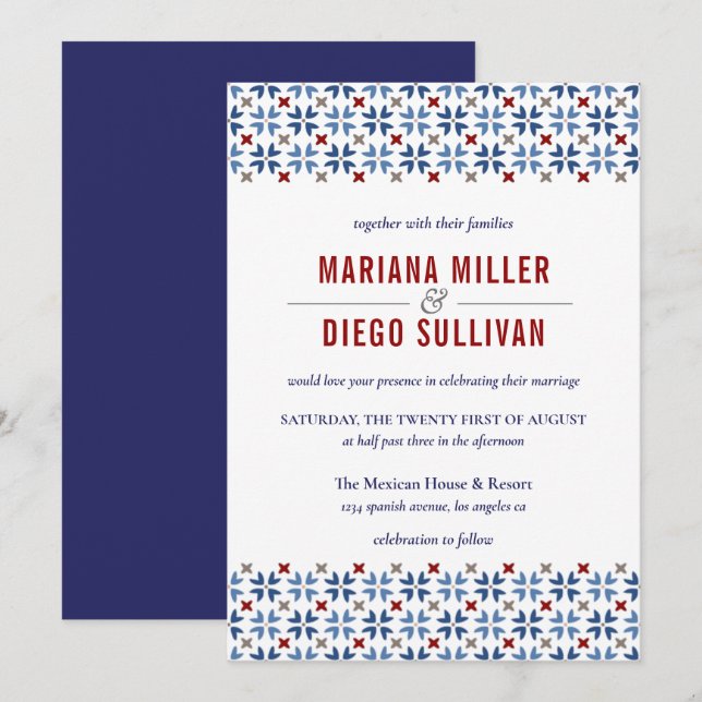 Spanish Navy and Red Tile Mediterranean wedding Invitation (Front/Back)