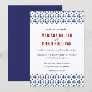 Spanish Navy and Red Tile Mediterranean wedding Invitation