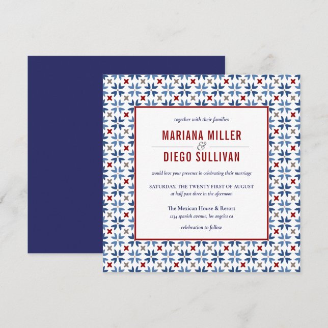Spanish Navy and Red Tile Mexican wedding Invitation (Front/Back)