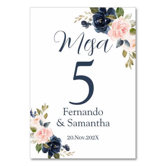 Spanish Navy Blue Floral Wedding Table Number (Front)