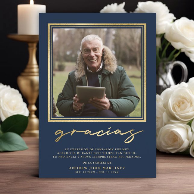 Spanish Navy & Gold Calligraphy Funeral Photo Thank You Card (Creator Uploaded)