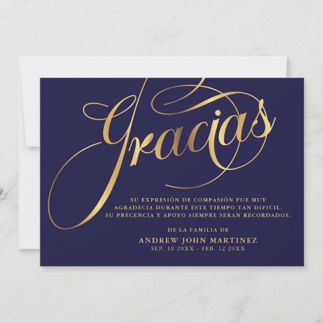 Spanish Navy & Gold Calligraphy Funeral  Thank You Card (Front)