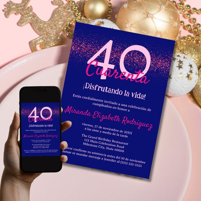 Spanish Navy Hot Pink Chic Womens 40th Birthday Invitation (Creator Uploaded)