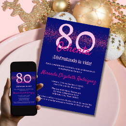 Spanish Navy Hot Pink Classy Womens 80th Birthday Invitation