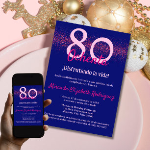 Spanish Navy Hot Pink Classy Womens 80th Birthday Invitation