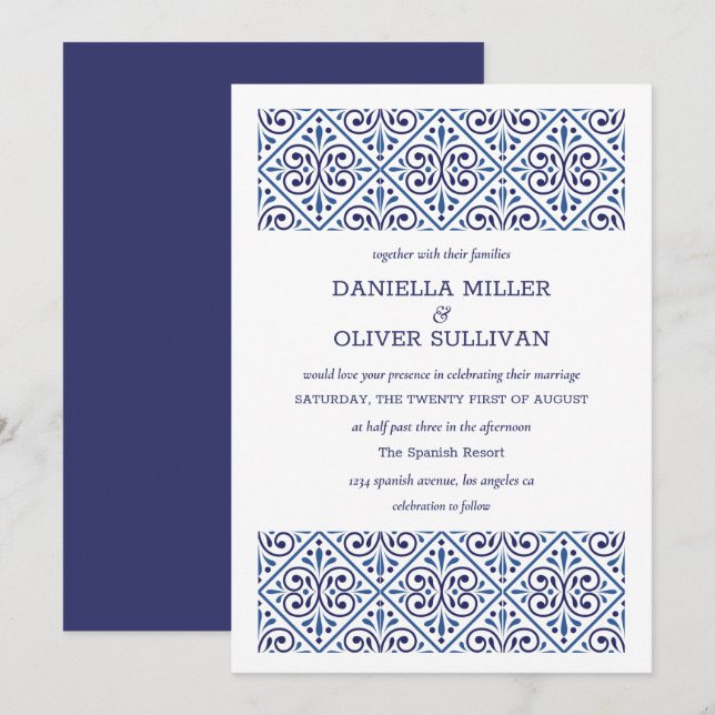 Spanish Navy Indigo Tile Mediterranean wedding Invitation (Front/Back)