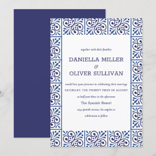 Spanish Navy Indigo Tile Mediterranean wedding Invitation