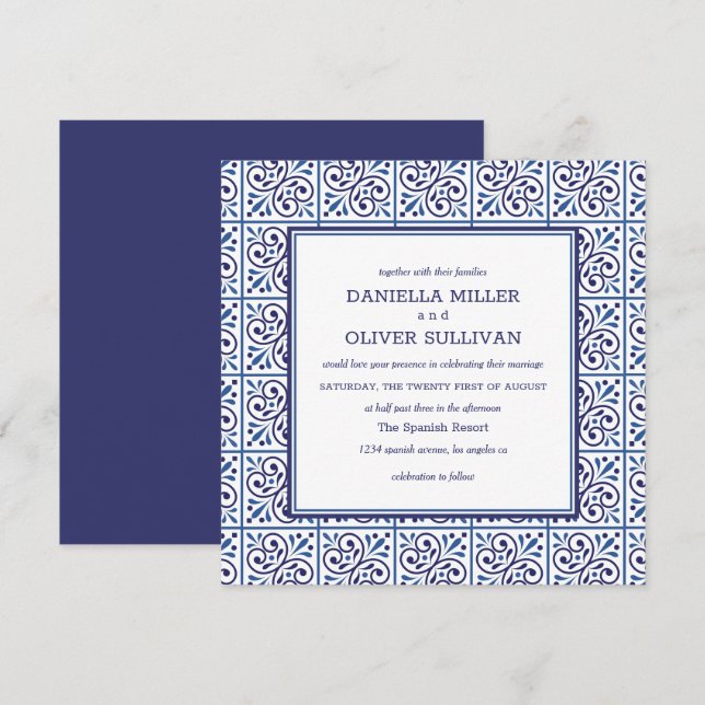 Spanish Navy Tile Mediterranean wedding Invitation (Front/Back)