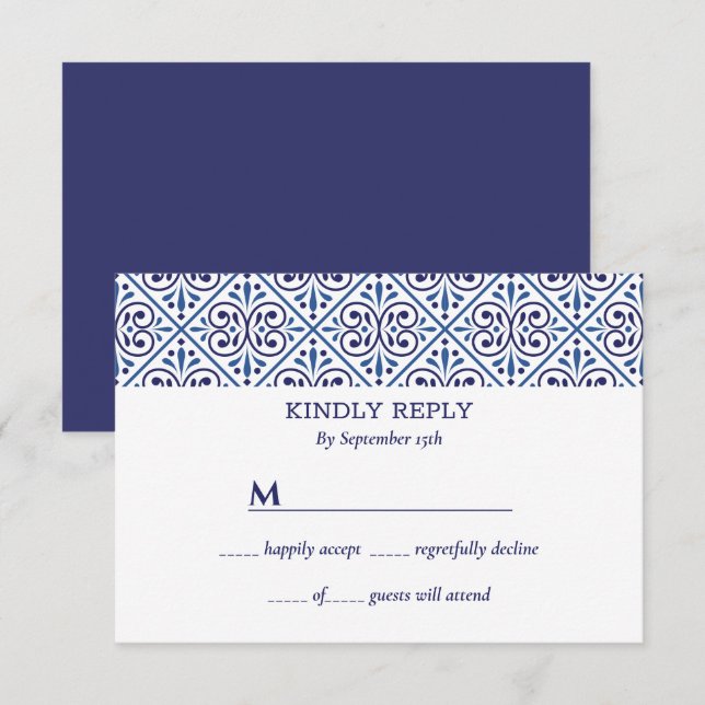 Spanish Navy  Tile Mediterranean wedding rsvp Invitation (Front/Back)