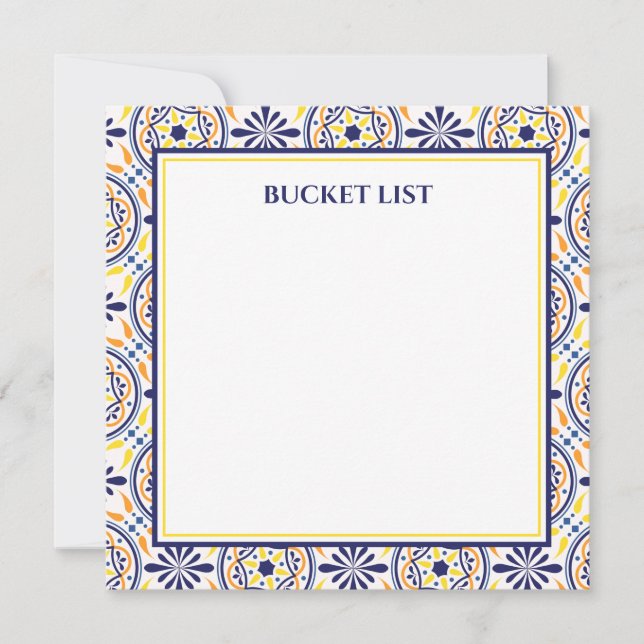 Spanish Navy Yellow Tile Mediterranean Bucket List Invitation (Front)