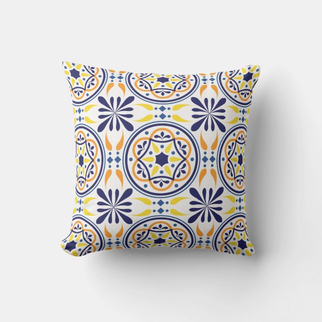 Spanish Navy Yellow Tile Mediterranean Cushion (Front)