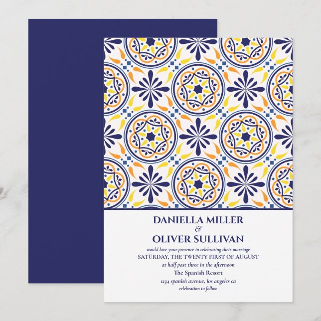Spanish Navy Yellow Tile Mediterranean wedding Invitation (Front/Back)