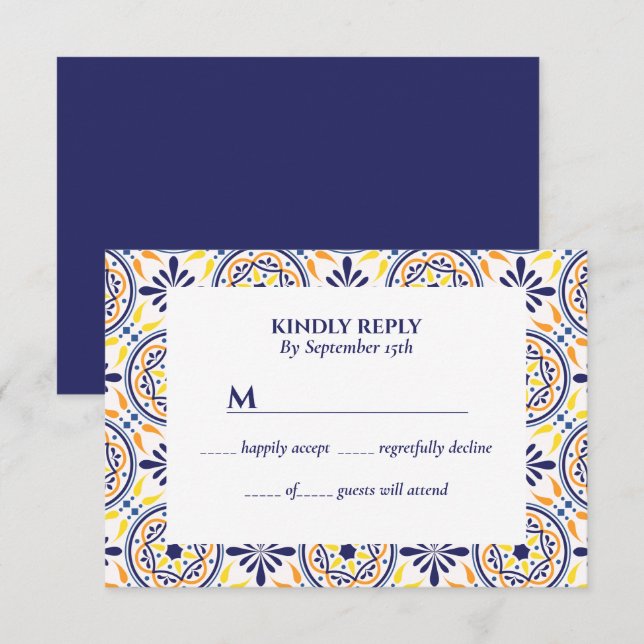 Spanish Navy Yellow Tile Mediterranean wedding Invitation (Front/Back)