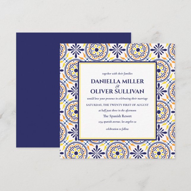 Spanish Navy Yellow Tile Mediterranean wedding Invitation (Front/Back)